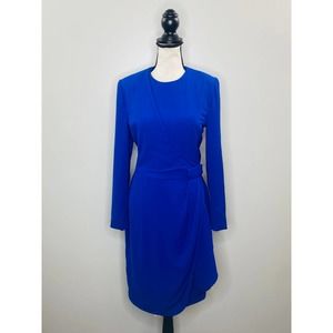 Escada Margaretha Ley Blue Wool Faux Wrap Sheath Dress Womens 38 Classic Career